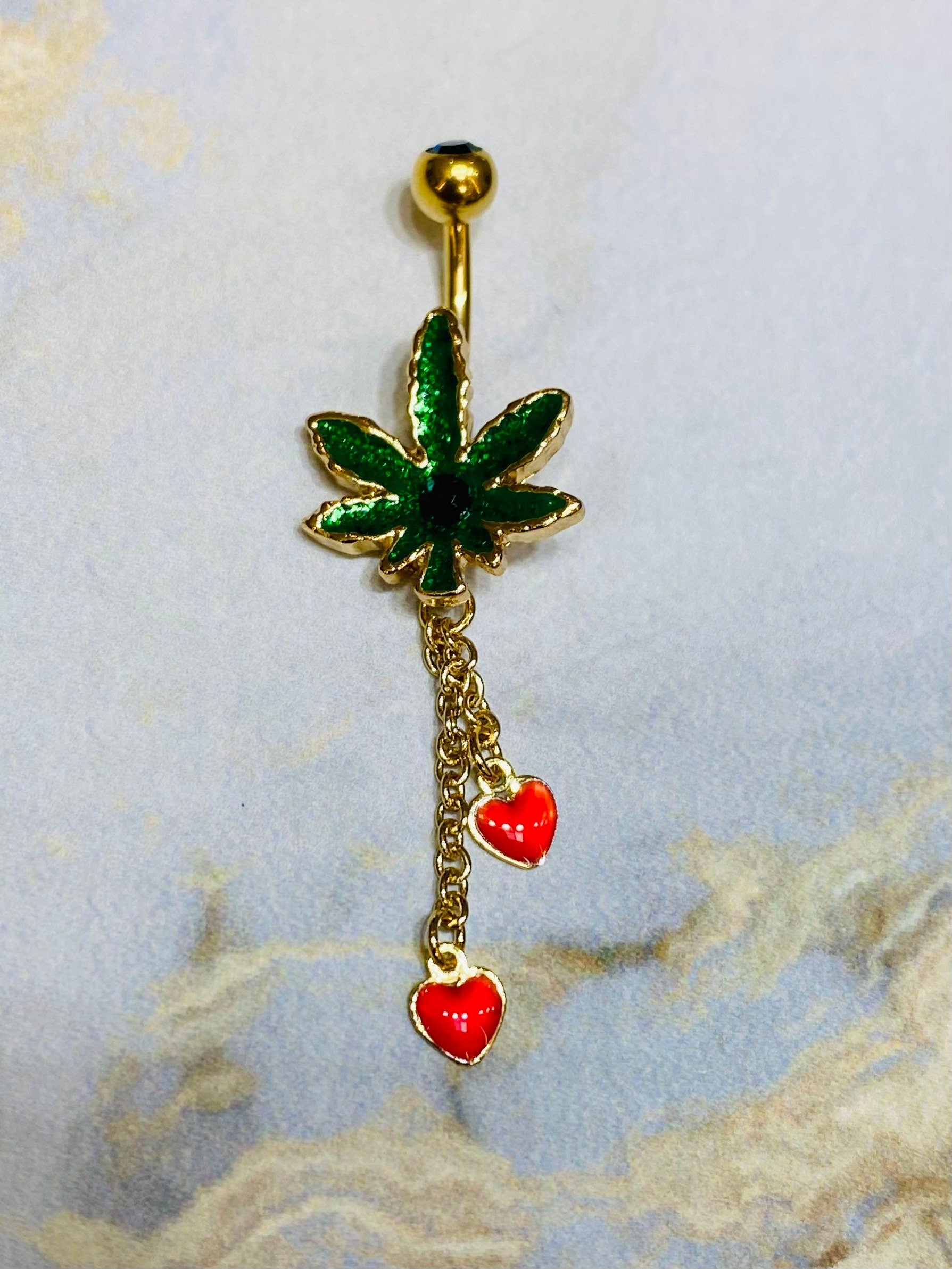 Marijuana Leaf with Dangling Red Hearts Belly Button Ring. Belly Piercing. Navel Ring