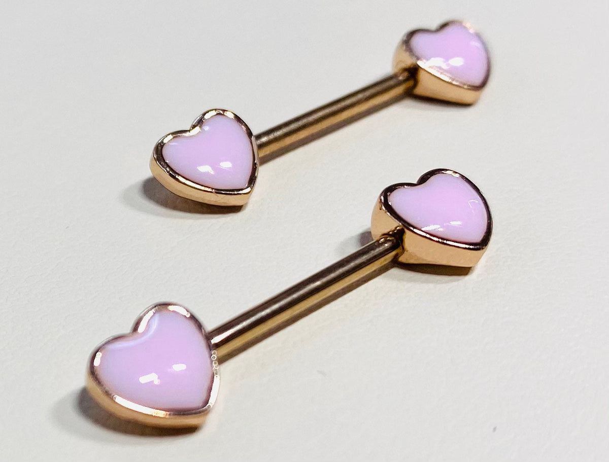 14G Rose Gold True Love Pink Enamel Hearts Nipple Barbells. Nipple Piercings. Nipple Rings. Nipple Jewelry