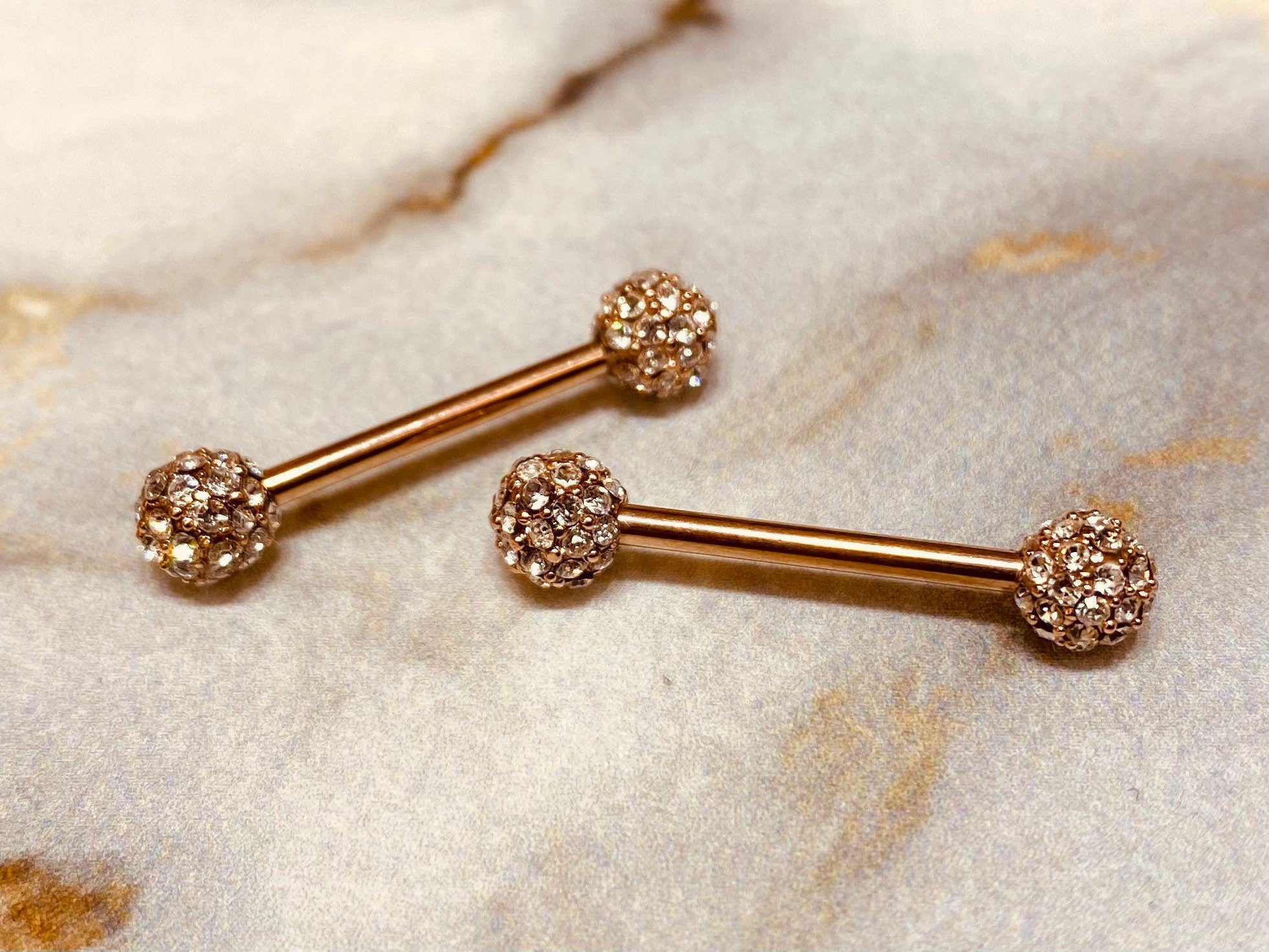 14G Rose Gold Clear Cluster Stones Full Dome Nipple Barbells. Nipple Piercings. Nipple Rings. Nipple Jewelry