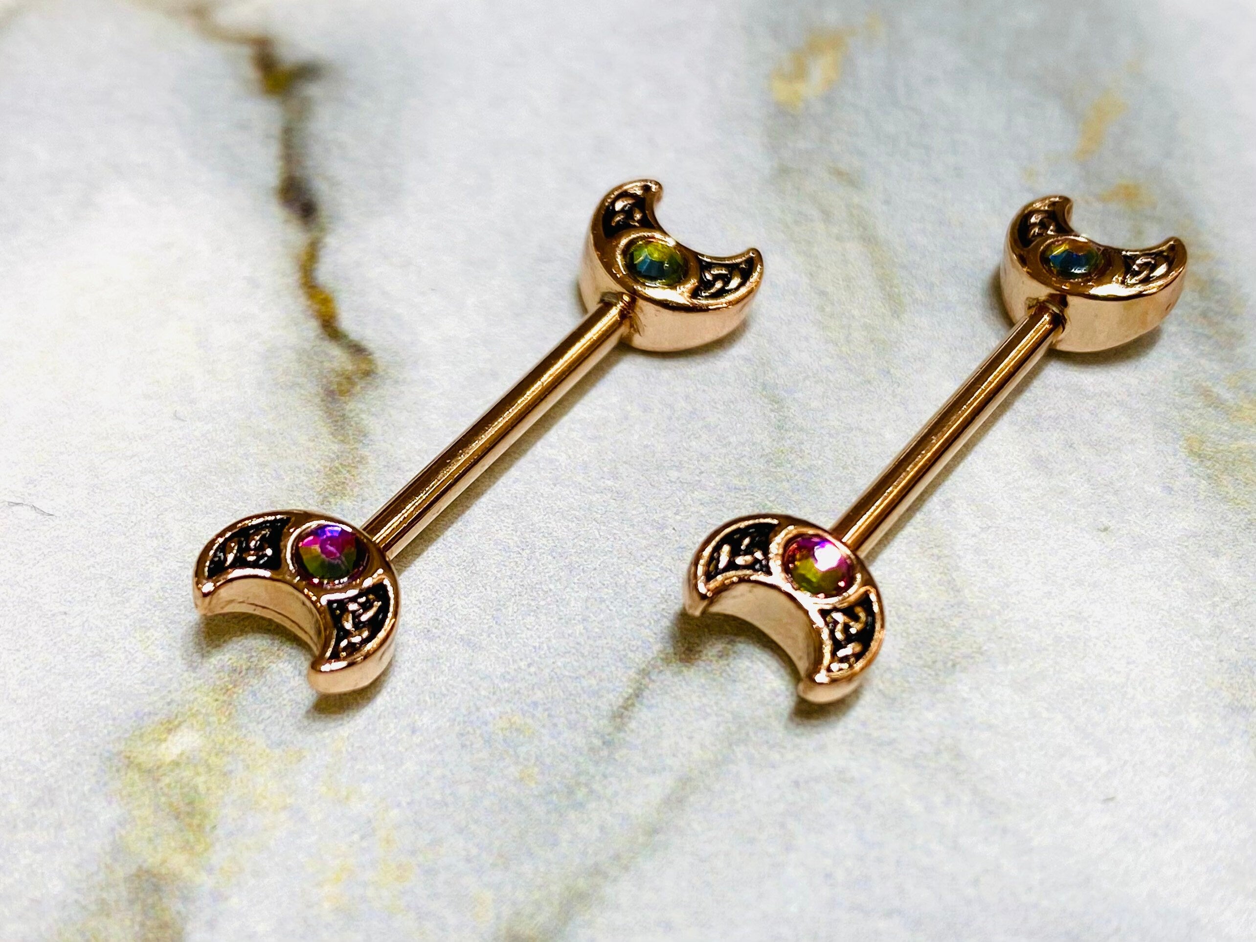 14G Rose Gold Treasure Celtic Moon Nipple Barbells. Nipple Piercings. Nipple Rings. Nipple Jewelry.