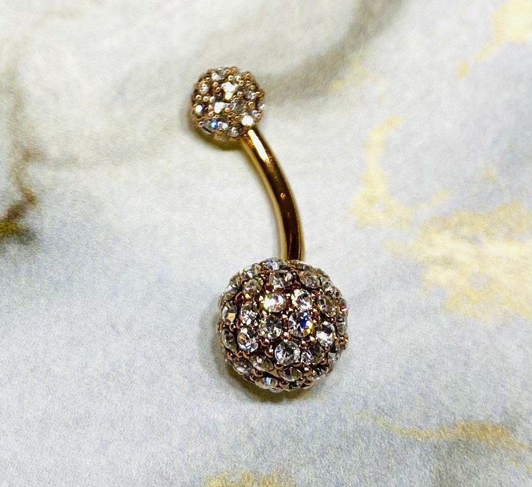 Rose Gold Sprinkled Diamonds Full Dome Cluster Belly Button Ring. Belly Piercing. Belly Ring. Navel Ring.