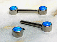 14G Implant Grade Titanium Internally Threaded Blue Opal Nipple Barbells. Nipple Rings. Nipple Piercings. Nipple Jewelry.