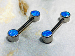 14G Implant Grade Titanium Internally Threaded Blue Opal Nipple Barbells. Nipple Rings. Nipple Piercings. Nipple Jewelry.