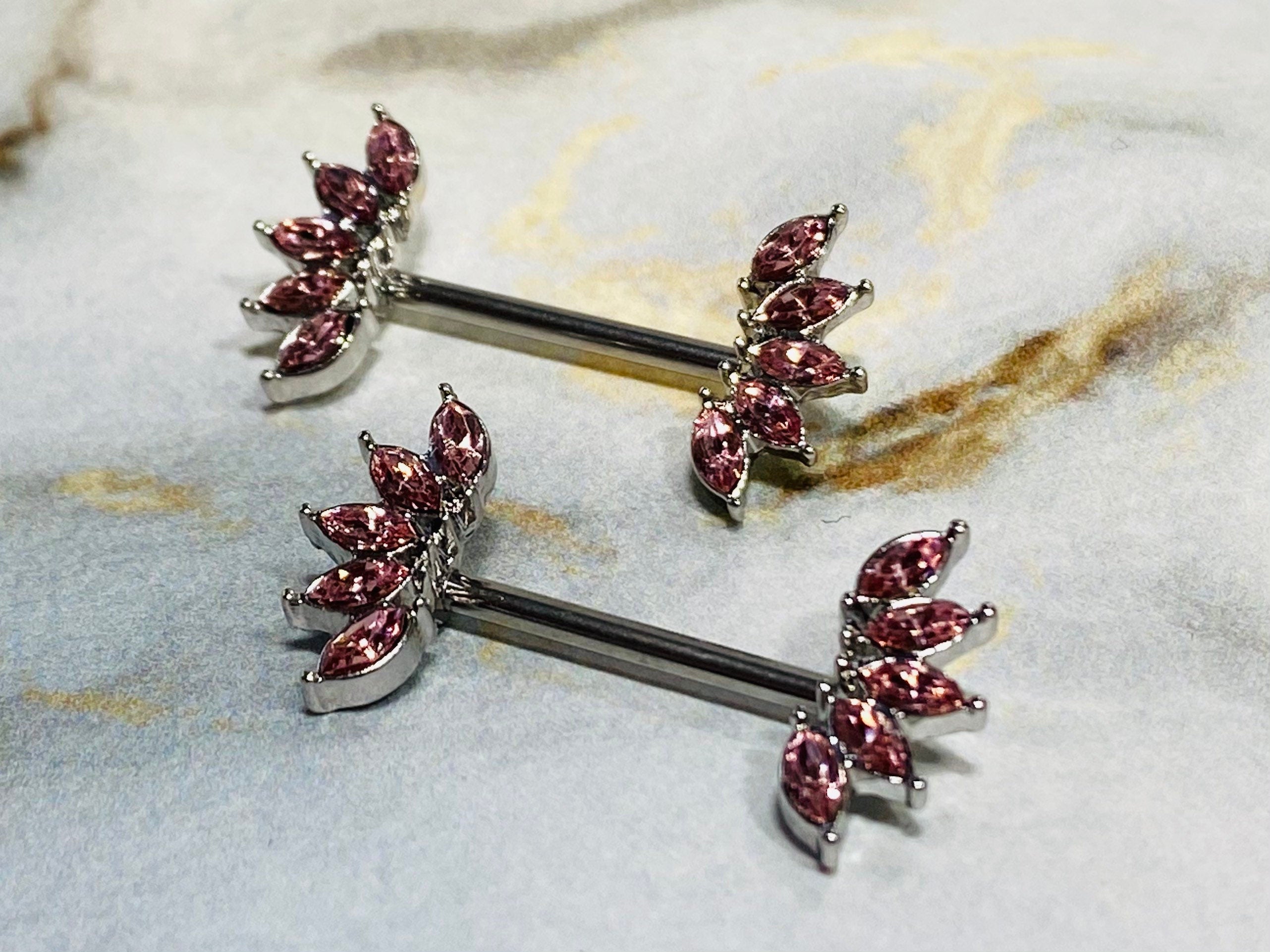 14G Sparkling Pink Marquise Crystals Ends Nipple Barbells. Nipple Rings. Nipple Piercings. Nipple Jewelry.