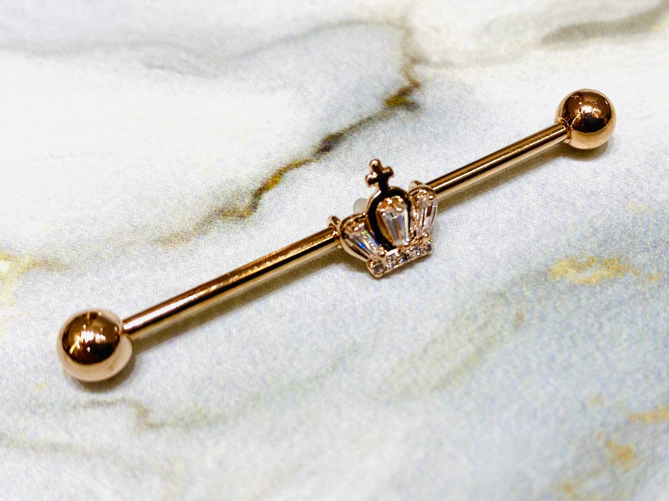 14G Rose Gold Crystals Paved Crown 38MM Industrial Barbell. Industrial Piercing. Ear Barbells