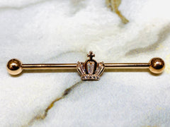 14G Rose Gold Crystals Paved Crown 38MM Industrial Barbell. Industrial Piercing. Ear Barbells