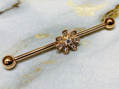 14G Rose Gold Clear Crystals Paved Flower 38MM Industrial Barbell. Industrial Piercing. Ear Barbells