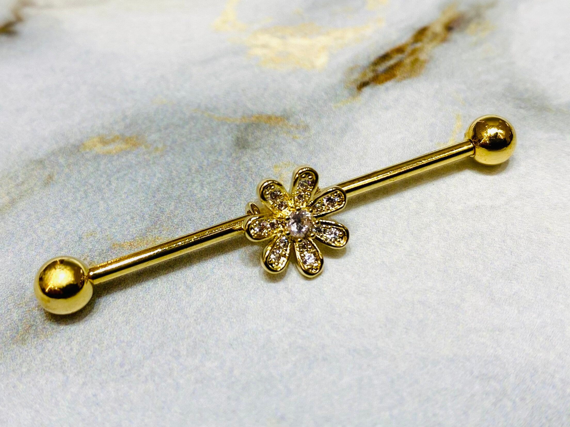 14G Gold Clear Crystals Paved Flower 38MM Industrial Barbell. Industrial Piercing. Ear Barbells