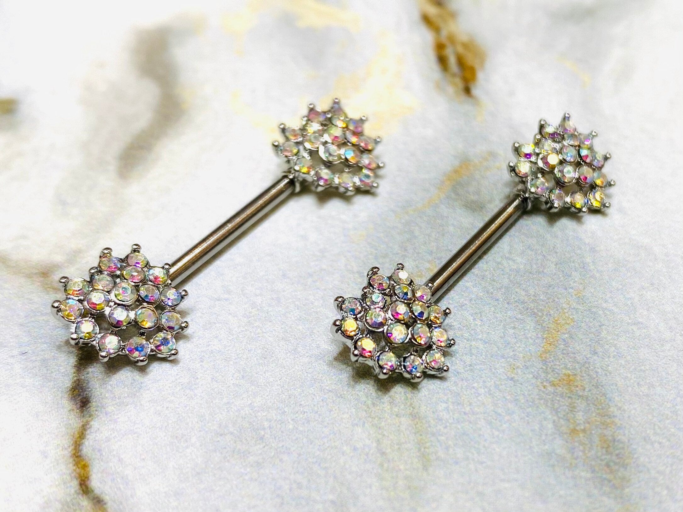 14G Crystals Paved Hearts Nipple Barbells. Nipple Piercing. Nipple Jewelry. Nipple Rings