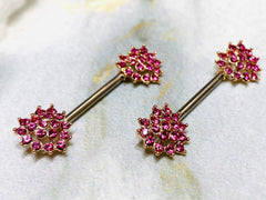 14G Rose Gold & Pink Crystals Paved Heart Shape Ends Nipple Barbells. Nipple Piercing. Nipple Jewelry. Nipple Rings