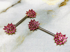 14G Rose Gold & Pink Crystals Paved Heart Shape Ends Nipple Barbells. Nipple Piercing. Nipple Jewelry. Nipple Rings