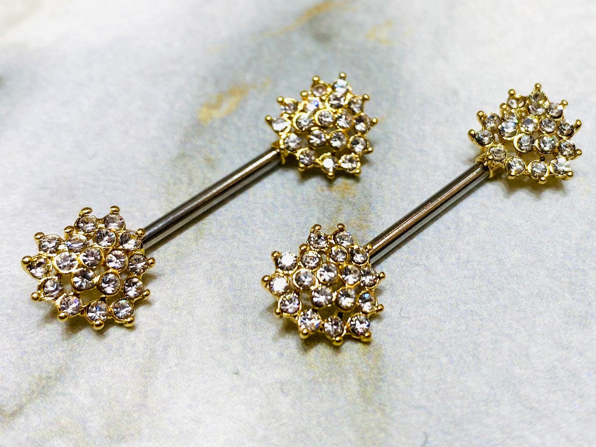 14G Gold Crystal Heart Shape Ends Nipple Barbells. Nipple Piercing. Nipple Jewelry. Nipple Rings