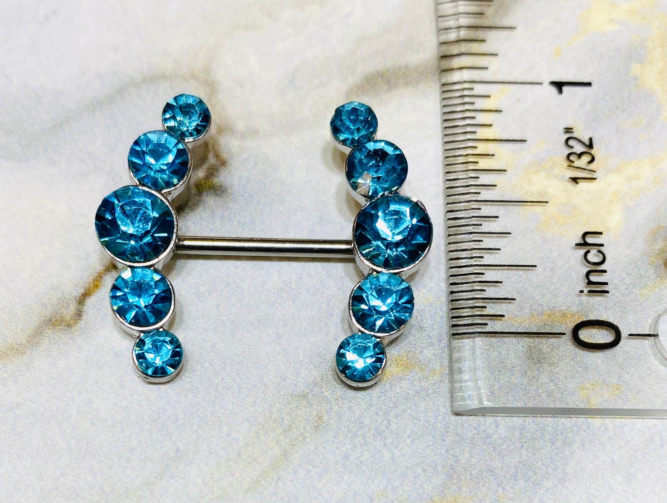 14G Sparkling Blue Round Crystal Ends Nipple Barbells. Nipple Piercings. Nipple Rings. Nipple Jewelry