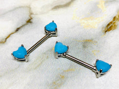 Set of 14G Heart Shape Turquoise Ends Nipple Barbells. Nipple Piercings. Nipple Rings. Nipple Jewelry.