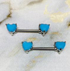 Set of 14G Heart Shape Turquoise Ends Nipple Barbells. Nipple Piercings. Nipple Rings. Nipple Jewelry.