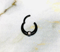 16G Black Clear Center Stone Hinged Clicker Hoop for Septum, Cartlilage, Tragus & More..