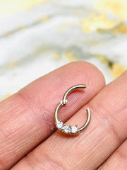 16G Silver Precision Set 3 Clear Stones Septum Clicker. 8MM. Septum Ring. Septum Piercing. Septum Jewelry.