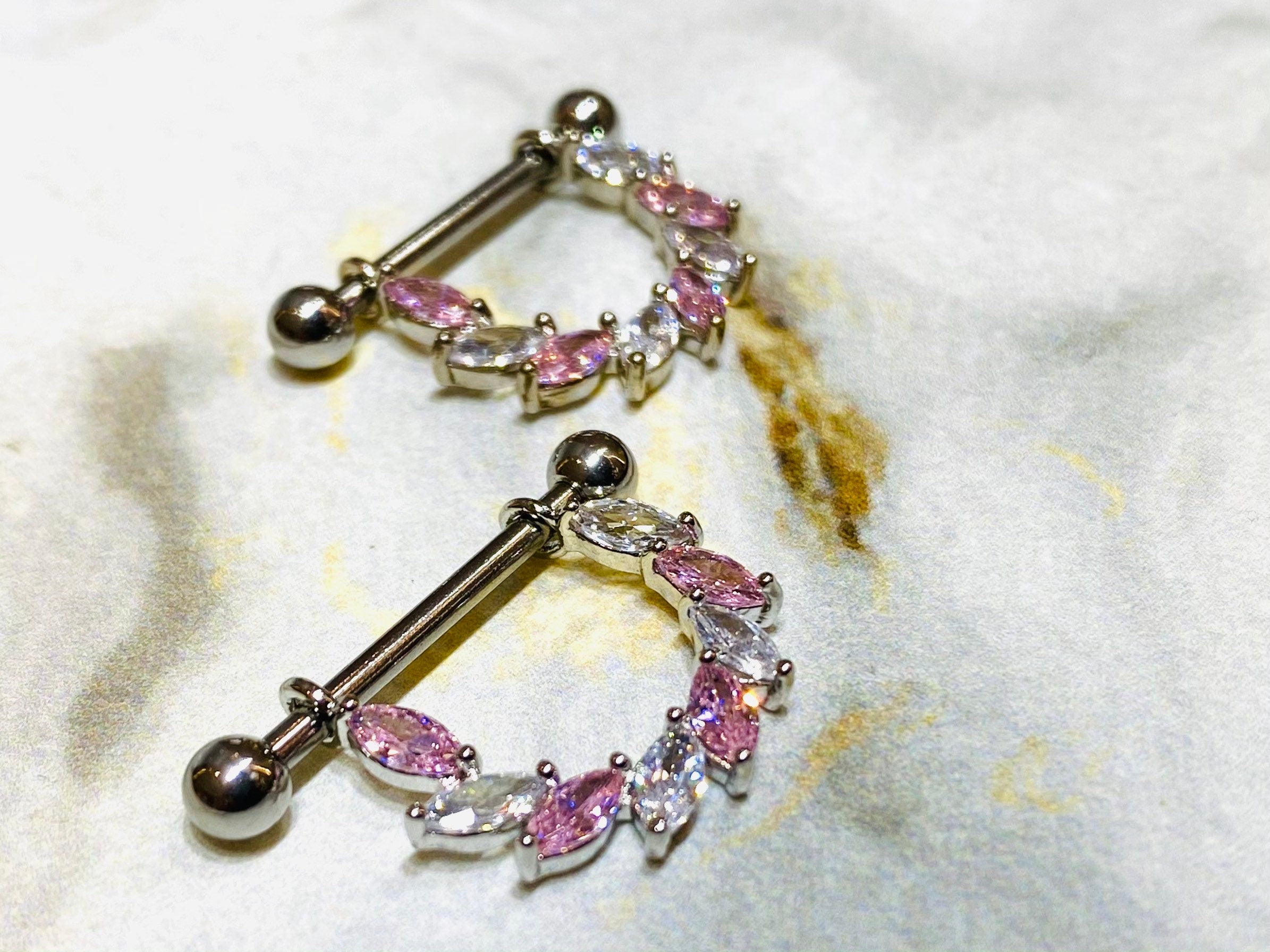 14G Silver Pink & Clear Sparkling Marquise Stones Vine Nipple Barbell. Nipple Piercings. Nipple Jewelry. Nipple Rings