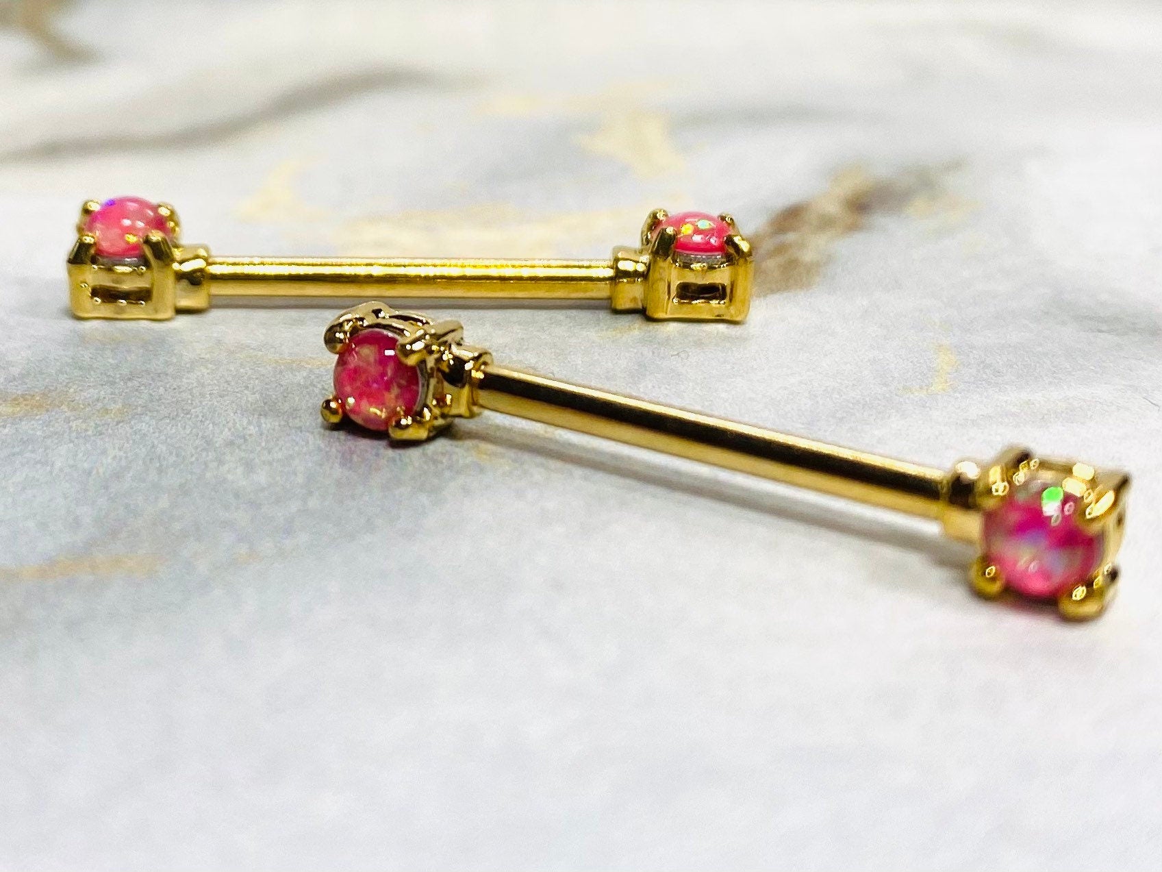 Pair of 14G Gold Pink Opal Glitter Nipple Barbells. Nipple Piercings. Nipple Rings. Nipple Jewelry. Gift for Her