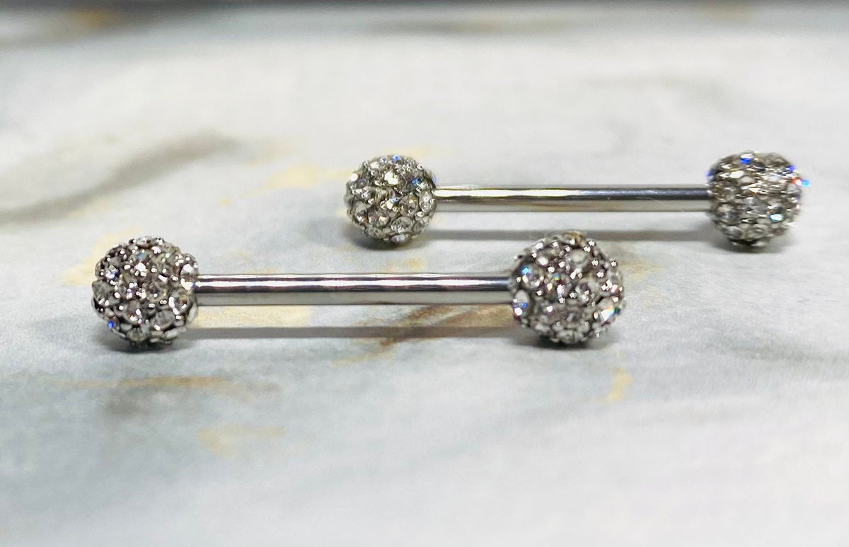 14G Silver Clear Stones Dome Nipple Barbells. Nipple Piercings. Nipple Rings. Nipple Jewelry