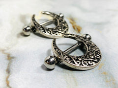 Pair of 14G Antique Silver Crescent Filigree Nipple Shields. Nipple Piercings. Nipple Rings. Nipple Barbells. Nipple Jewelry