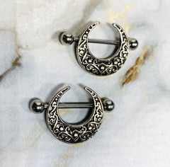 Pair of 14G Antique Silver Crescent Filigree Nipple Shields. Nipple Piercings. Nipple Rings. Nipple Barbells. Nipple Jewelry