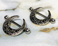 Pair of 14G Antique Silver Crescent Filigree Nipple Shields. Nipple Piercings. Nipple Rings. Nipple Barbells. Nipple Jewelry