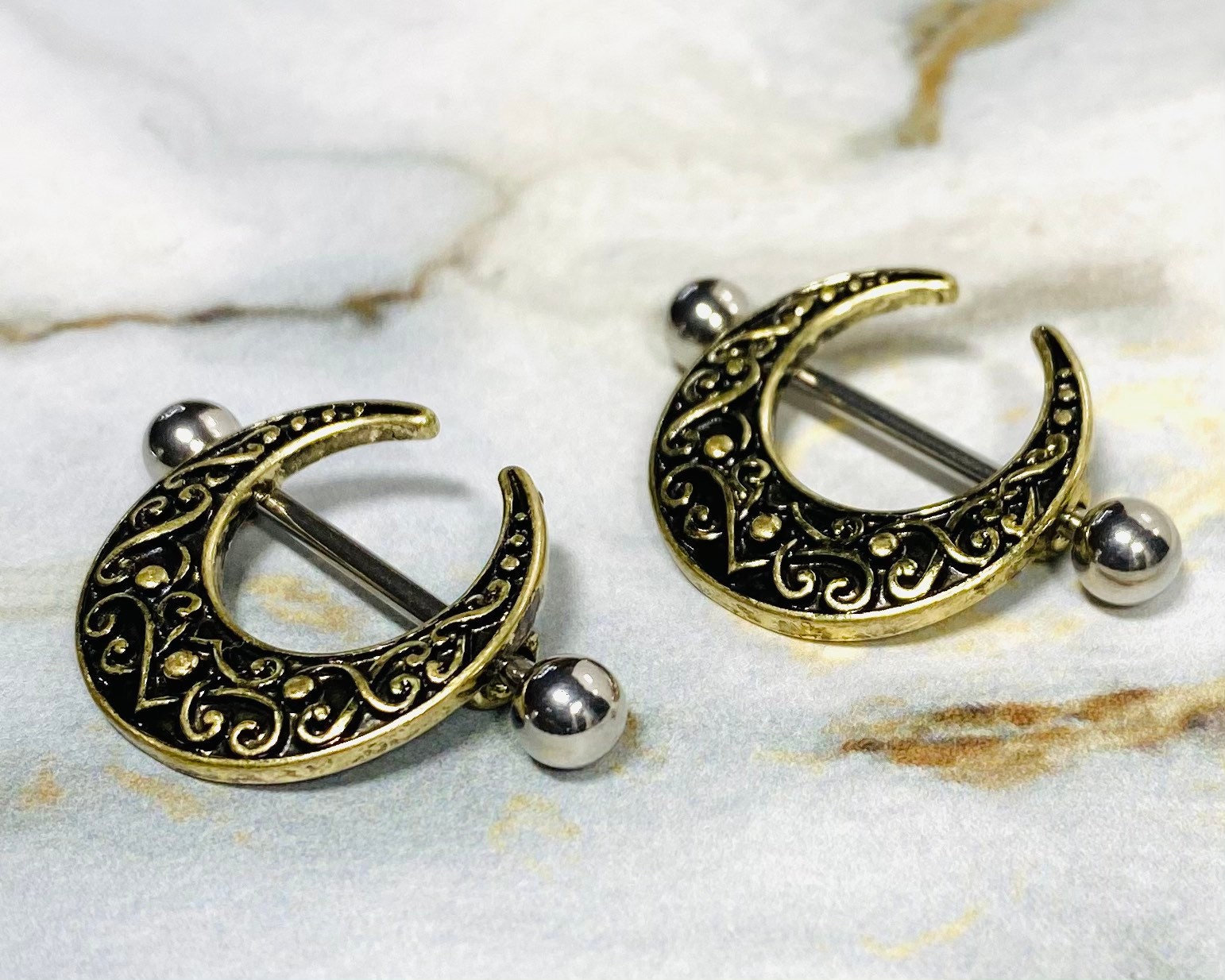 Pair of 14G Antique Gold Crescent Filigree Nipple Shields. Nipple Piercings. Nipple Rings. Nipple Barbells. Nipple Jewelry