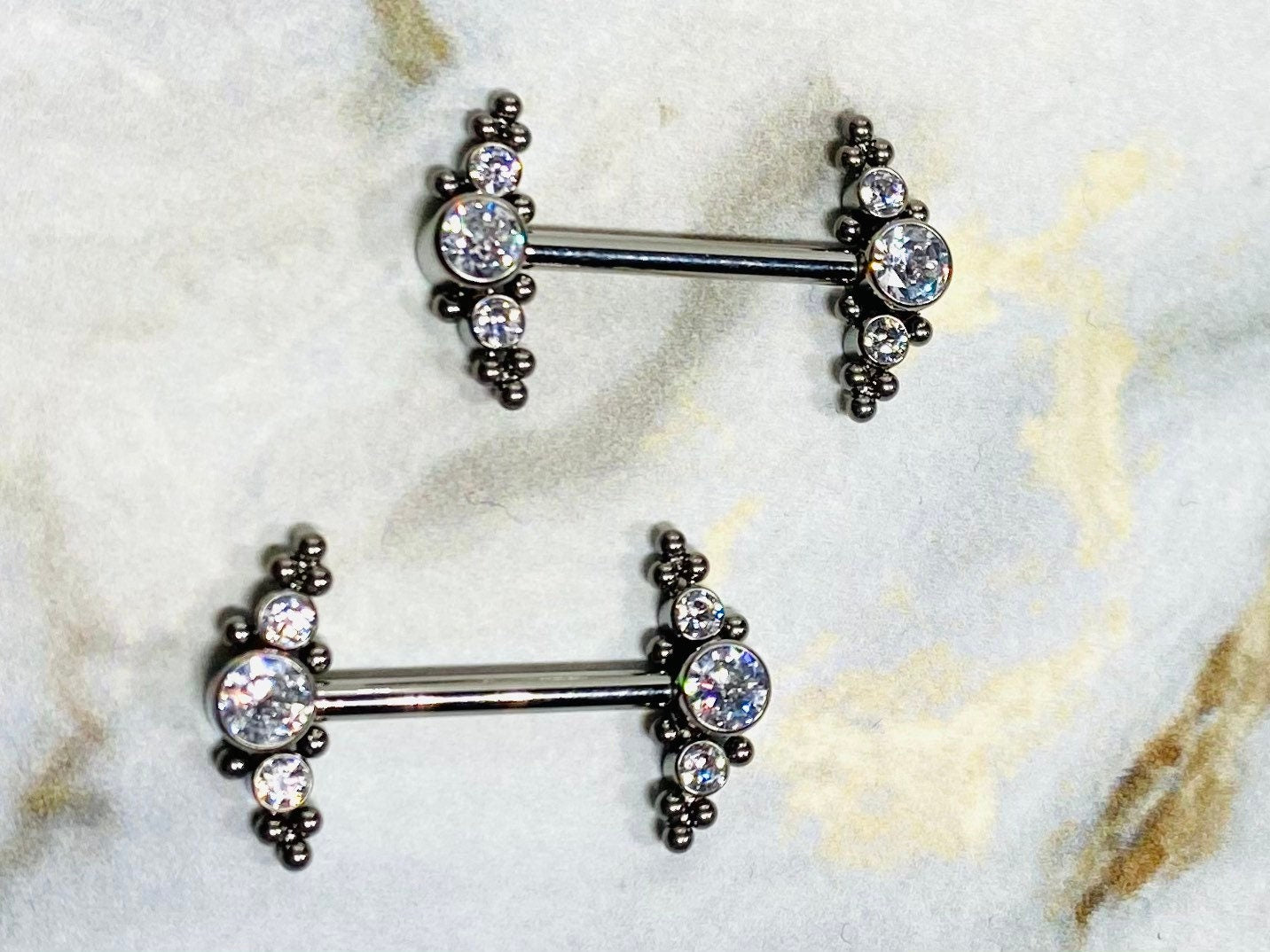 14G Pair of Implant Grade Titanium Internally Threaded Clear Stone with Bezel Setting Nipple Barbells. Nipple Piercing. Nipple Jewelry.