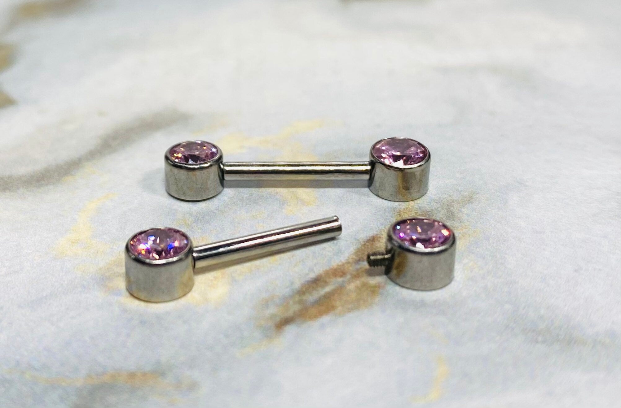 Pair of 14G Implant Grade Titanium Internally Threaded Bezel Set Pink Stone Nipple Barbells. Nipple Piercing. Nipple Jewelry. Nipple Rings