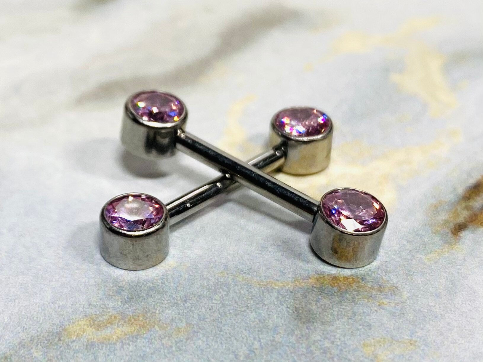 Pair of 14G Implant Grade Titanium Internally Threaded Bezel Set Pink Stone Nipple Barbells. Nipple Piercing. Nipple Jewelry. Nipple Rings