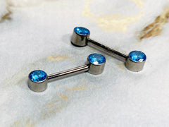 Pair of 14G Implant Grade Titanium Internally Threaded Bezel Set Aqua Stone Nipple Barbells. Nipple Piercing. Nipple Jewelry. Nipple Rings