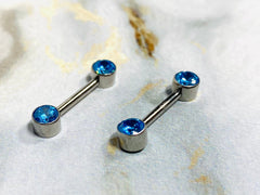 Pair of 14G Implant Grade Titanium Internally Threaded Bezel Set Aqua Stone Nipple Barbells. Nipple Piercing. Nipple Jewelry. Nipple Rings