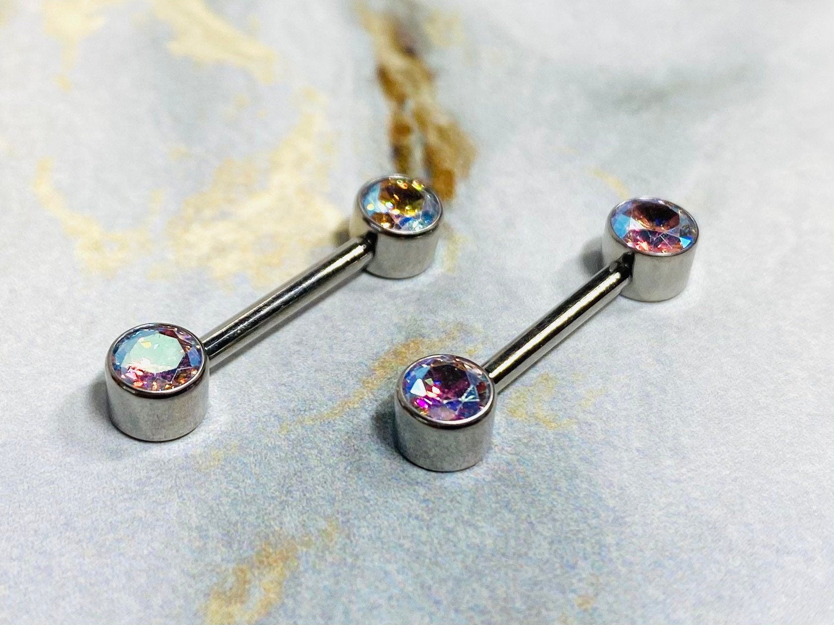 Pair of 14G Implant Grade Titanium Internally Threaded Bezel Set Iridescent Nipple Barbells. Nipple Piercing. Nipple Jewelry. Nipple Rings