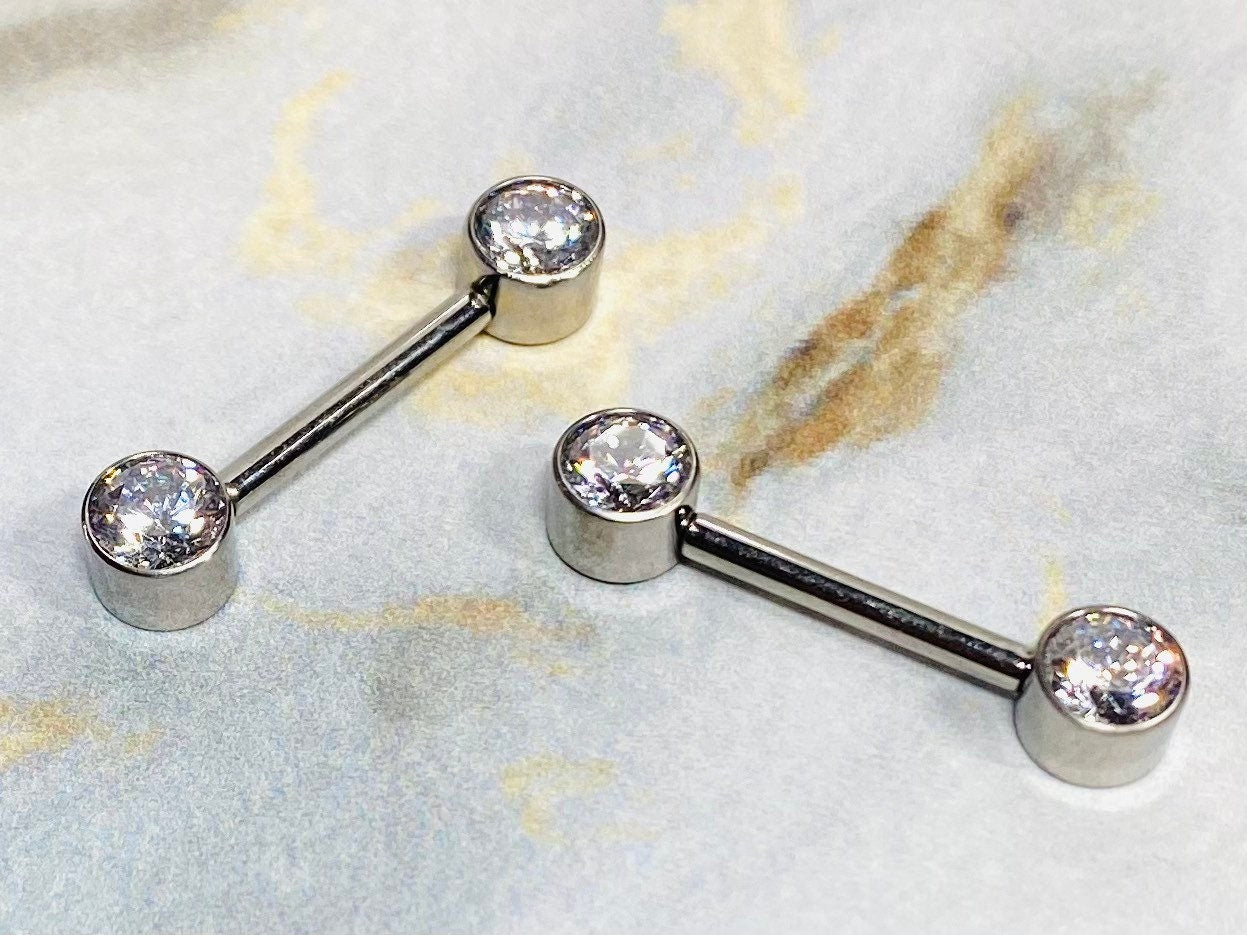 Implant Grade Titanium Internally Threaded Bezel Set Clear Stones Nipple Barbells. Nipple Piercing. Nipple Jewelry. Nipple Rings