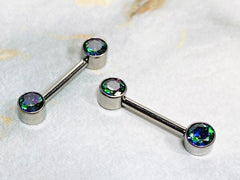 Pair of 14G Implant Grade Titanium Internally Threaded Bezel Green Stones Nipple Barbells. Nipple Piercing. Nipple Jewelry. Nipple Rings