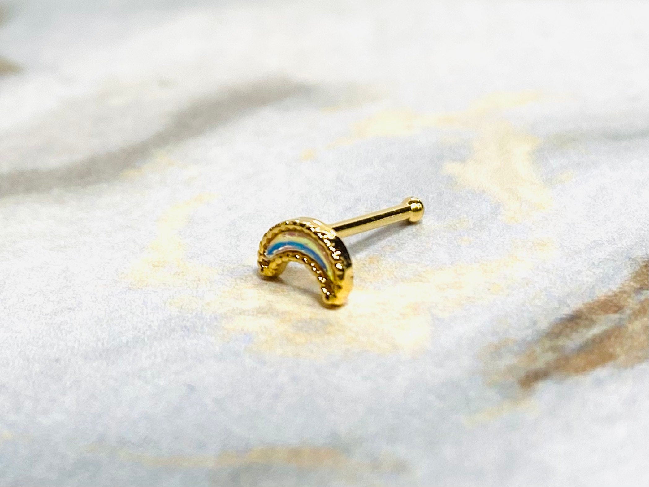 20G Dainty Gold Illuminating Moon Shape Nose Stud with Ball. 7mm. Nose Piercing. Nose Ring. Nose Jewelry. Nose Studs