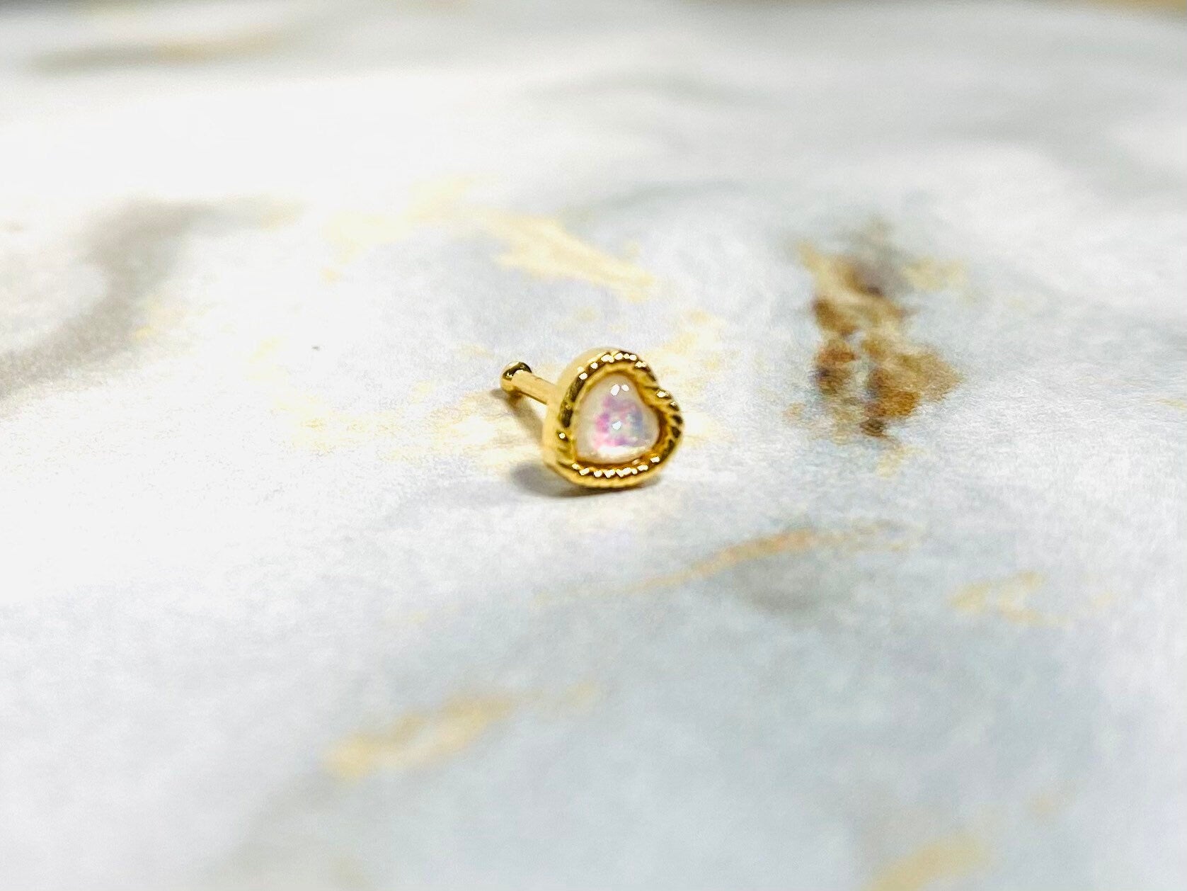 20G Dainty Gold White Opal Glitter Heart Nose Stud with Ball. 7mm Length. Nose Piercing. Nose Ring. Nose Jewelry. Nose Studs