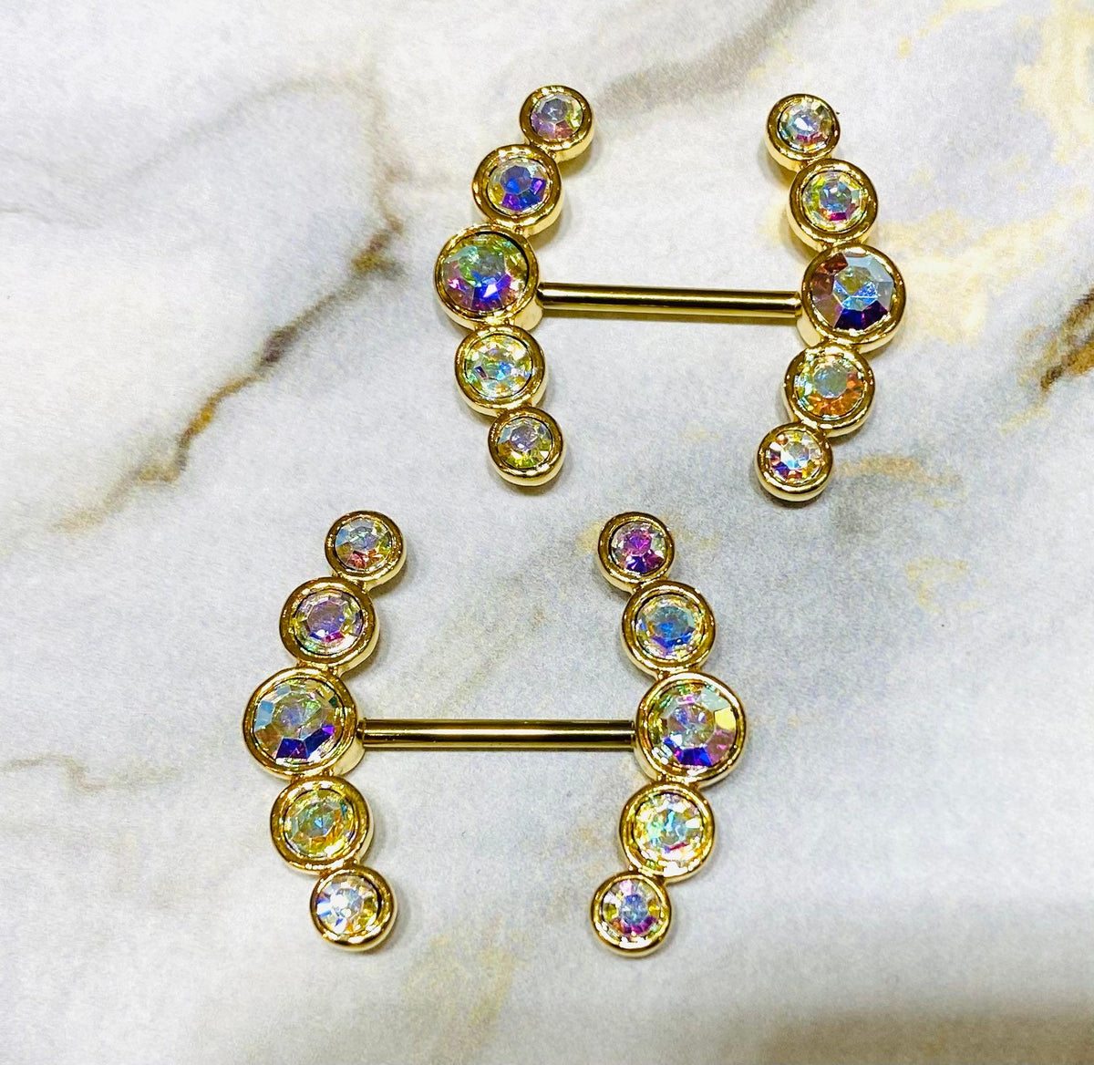 14G Gold Sparkling Round Crystal Ends Nipple Barbells. Nipple Piercings. Nipple Rings. Nipple Jewelry