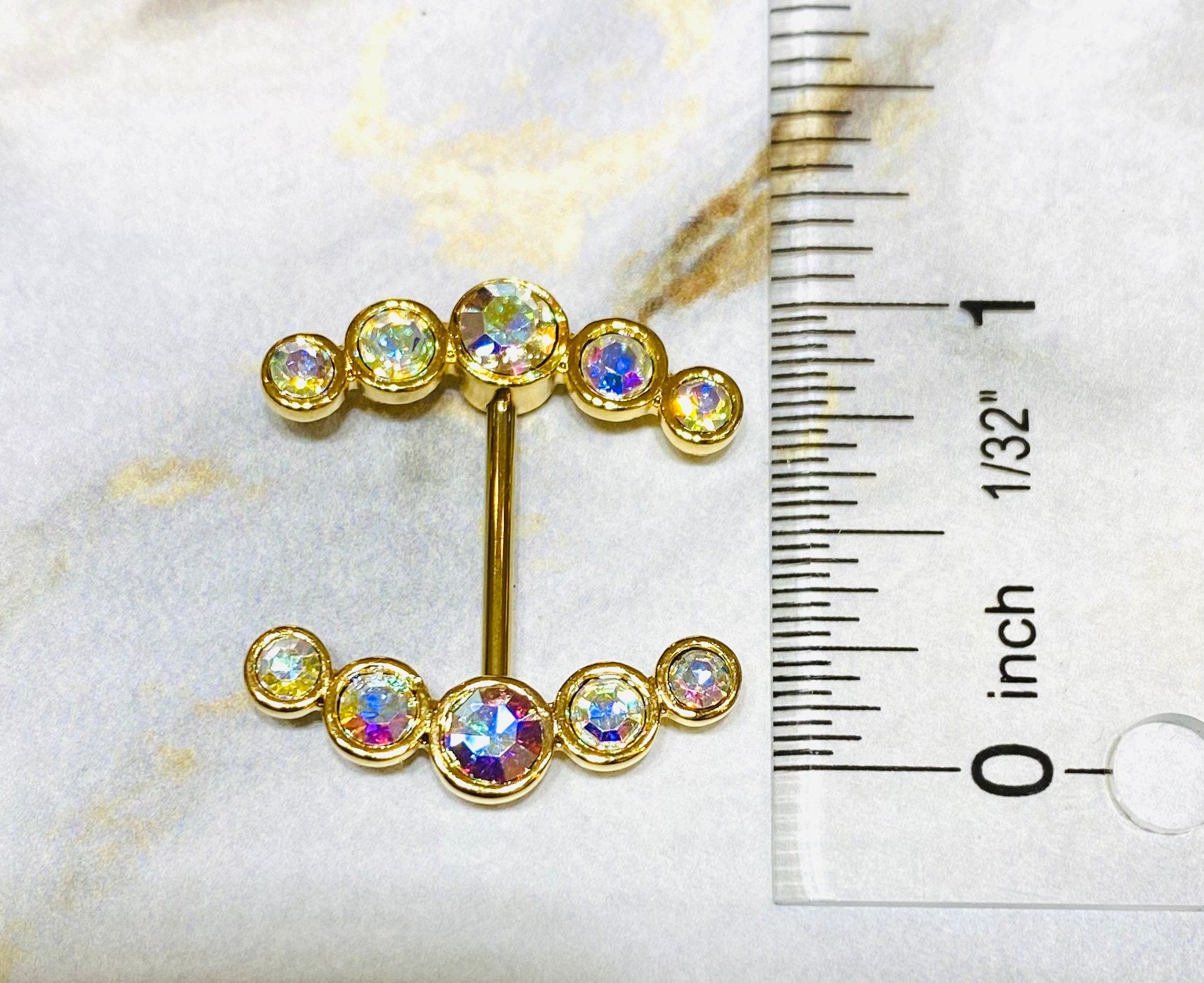 14G Gold Sparkling Round Crystal Ends Nipple Barbells. Nipple Piercings. Nipple Rings. Nipple Jewelry