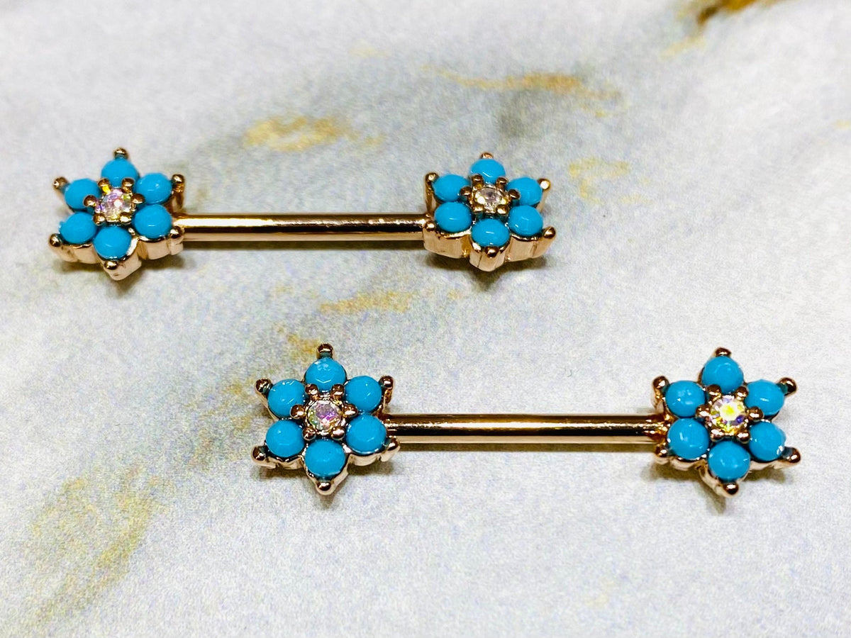 Pair of 14G Rose Gold Turquoise Flower Sparkle Prong Setting Nipple Barbells. Nipple Rings. Nipple Jewelry. Nipple Piercings.