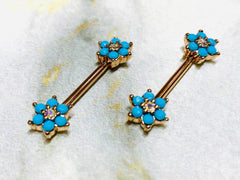 Pair of 14G Rose Gold Turquoise Flower Sparkle Prong Setting Nipple Barbells. Nipple Rings. Nipple Jewelry. Nipple Piercings.