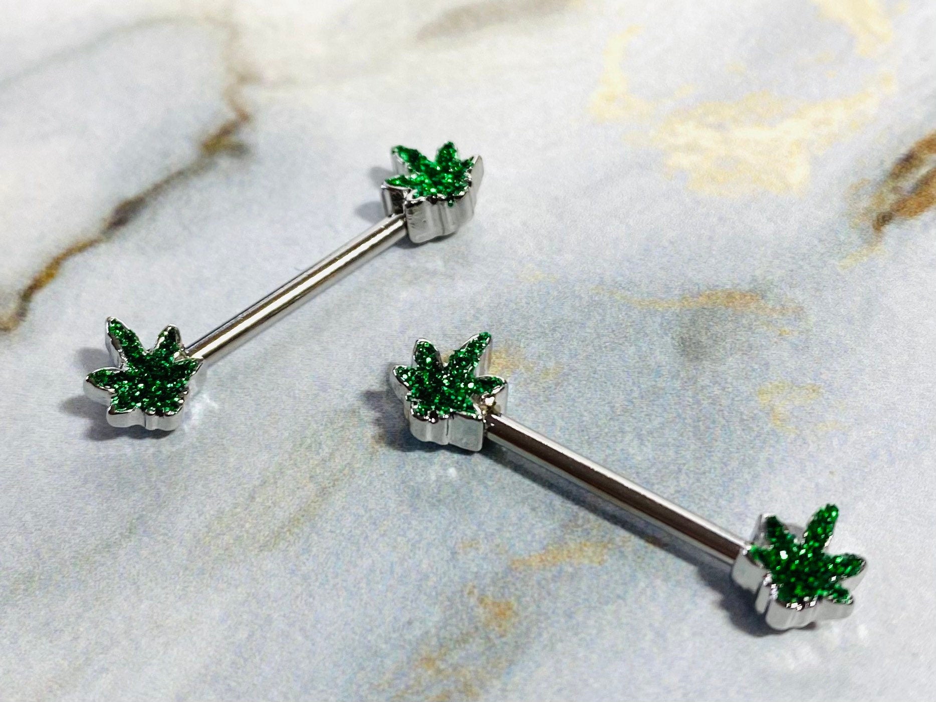 A Set of Silver Marijuana Leaf Cannabis Pot Leaf Nipple Barbell. Nipple Rings. Nipple Jewelry. Nipple Piercing