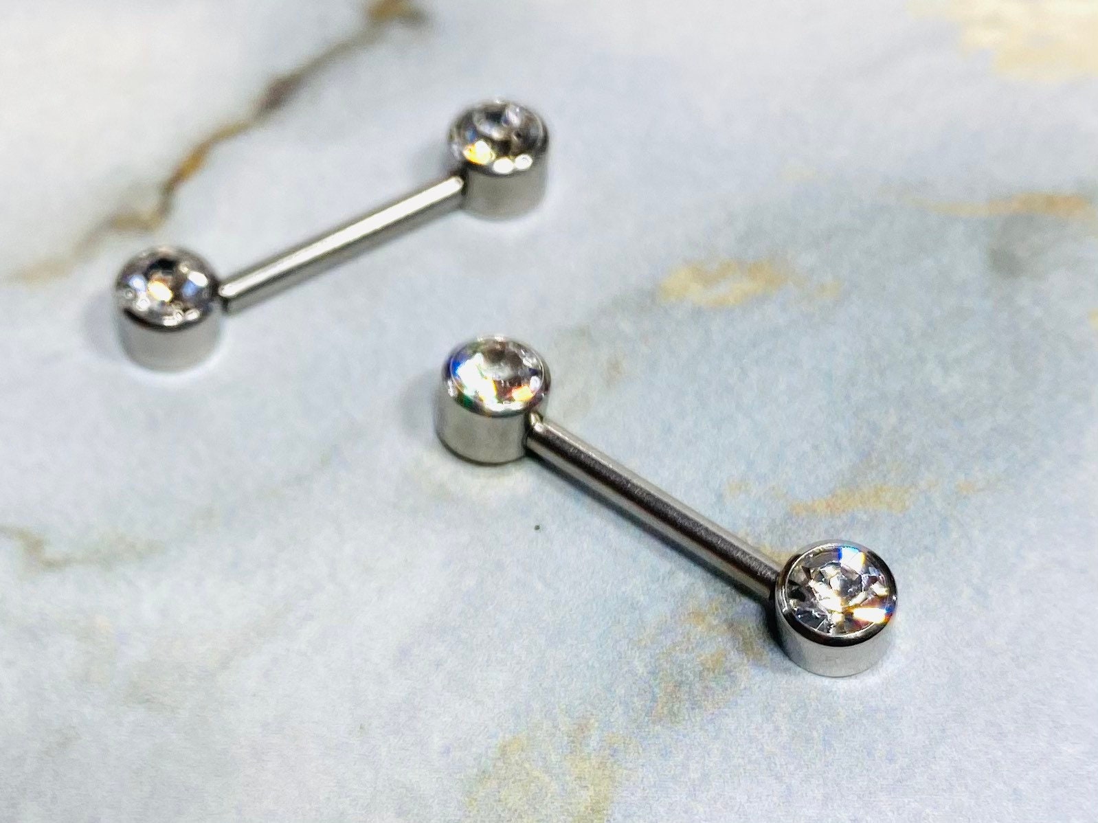 Pair of 14G Silver Push-In Threadless Bezel Set Flat Back Clear Stone Nipple Barbells. Nipple Rings. Nipple Piercing. Nipple Jewelry