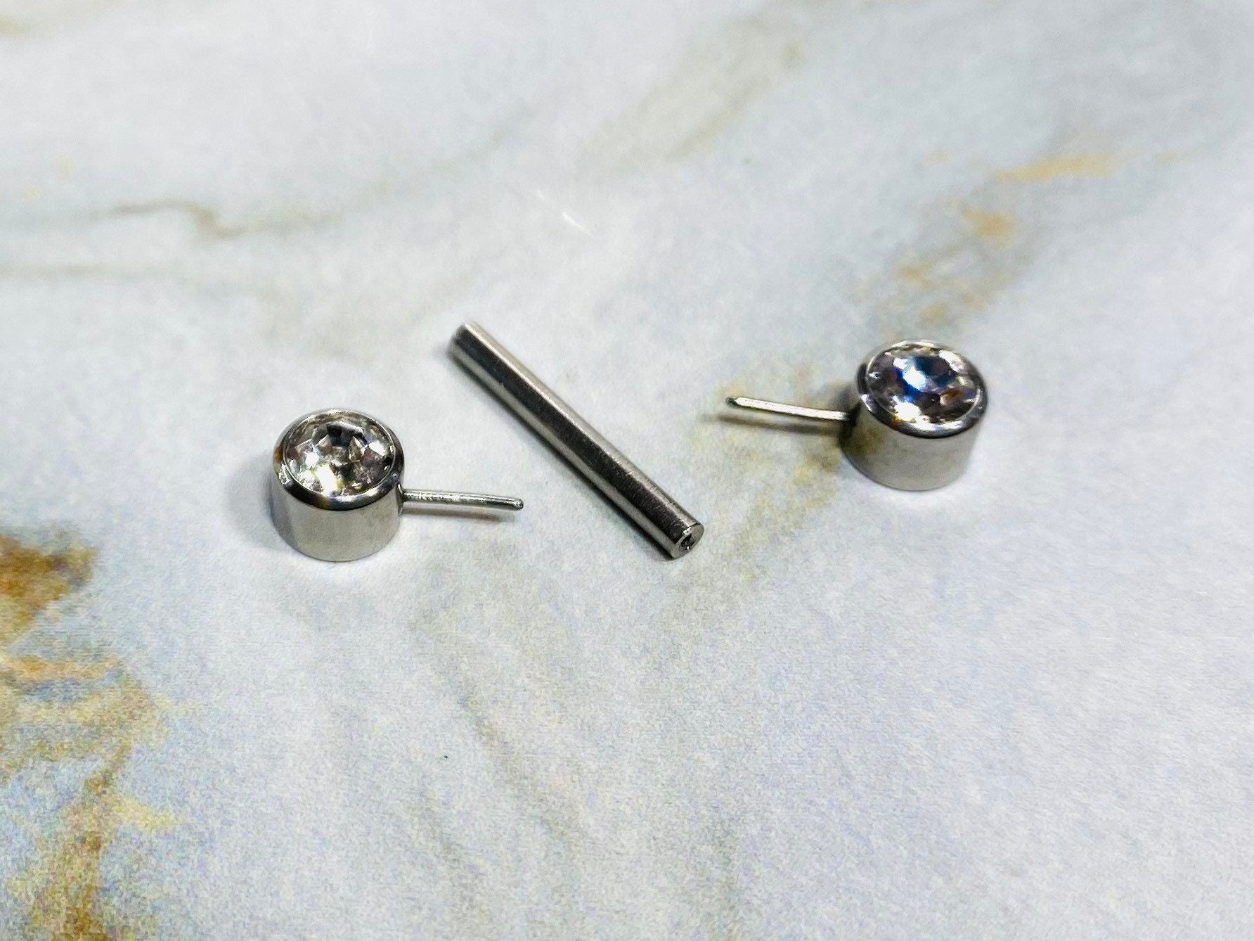 Pair of 14G Silver Push-In Threadless Bezel Set Flat Back Clear Stone Nipple Barbells. Nipple Rings. Nipple Piercing. Nipple Jewelry