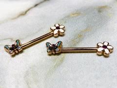 Pair of 14G Rose Gold Spring Flower and Butterfly Nipple Barbells. Nipple Rings. Nipple Jewelry. Nipple Piercing