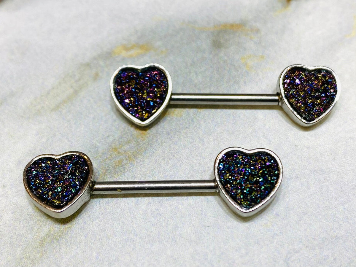 14G Black Druzy Stones Heart Shape Nipple Barbell. Nipple Piercings. Nipple Rings. Nipple Jewelry.