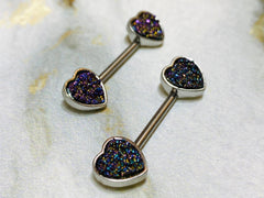 14G Black Druzy Stones Heart Shape Nipple Barbell. Nipple Piercings. Nipple Rings. Nipple Jewelry.