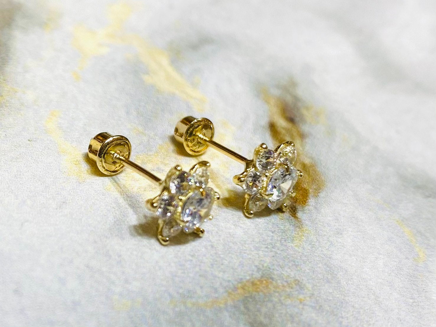 Pair of 14K Real Gold Screw Back Dainty Flower Earrings with Sparkling Crystals. 14K Gold Earrings. Screw Back Earrings.