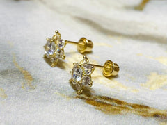 Pair of 14K Real Gold Screw Back Dainty Flower Earrings with Sparkling Crystals. 14K Gold Earrings. Screw Back Earrings.